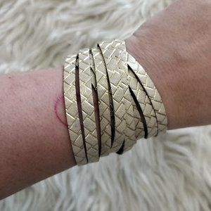 Flourish Leather XL Cream and Gold Woven Double Wrap Sliced Cuff